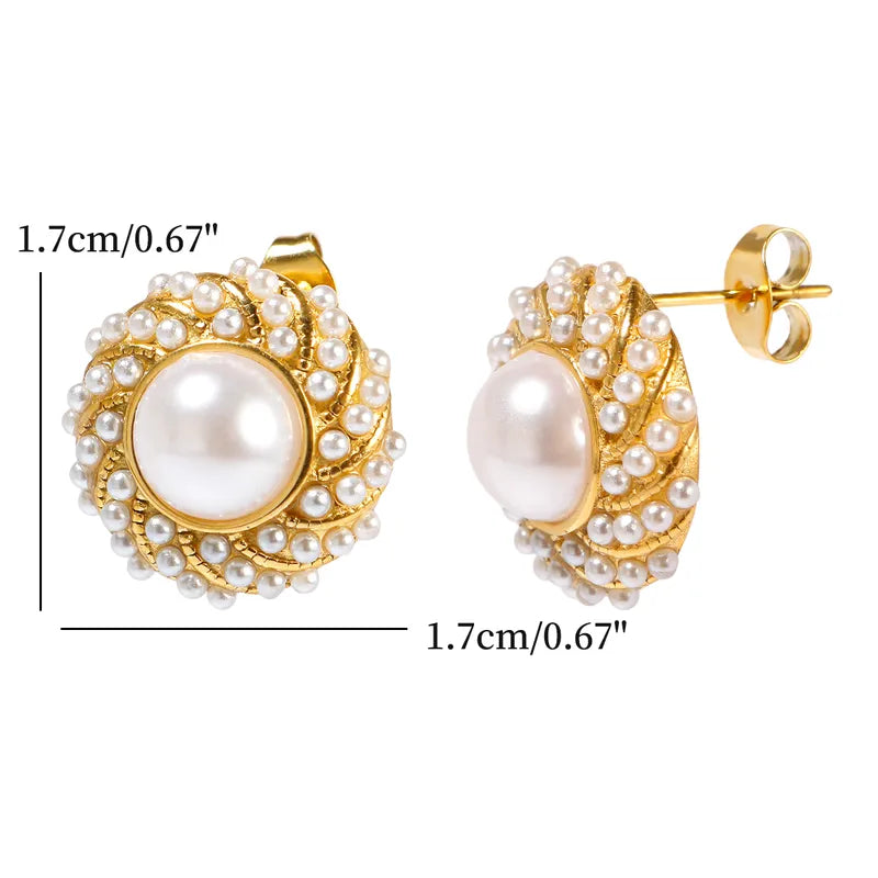 2pcs IG Style Vintage Style Classic Style Round Inlay 304 Stainless Steel Artificial Pearls Ear Studs