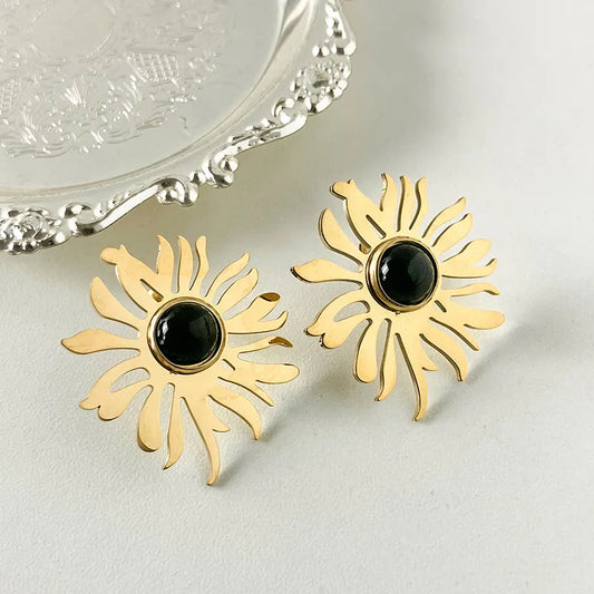 1 Pair IG Style Vintage Style Commute Water Droplets Flower Inlay 304 Stainless Steel Natural Stone Gem 14K Gold Plated Ear Studs