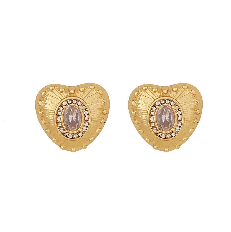 1 Pair Lady Commute Heart Shape Inlay 304 Stainless Steel Zircon 18K Gold Plated Ear Studs