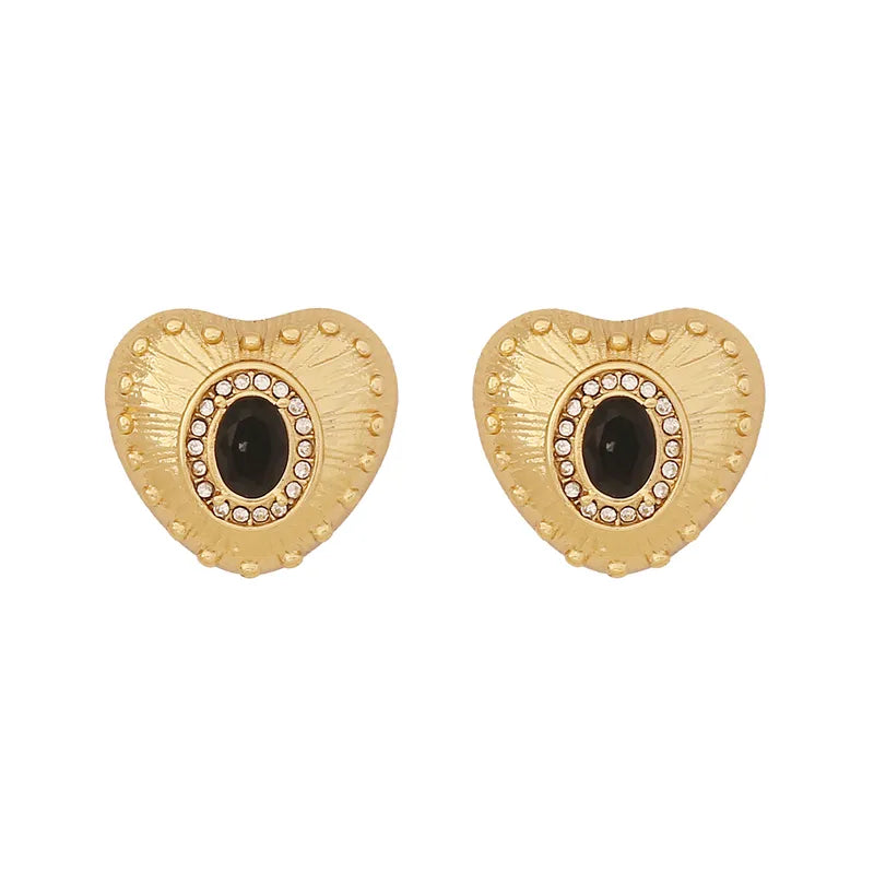 1 Pair Lady Commute Heart Shape Inlay 304 Stainless Steel Zircon 18K Gold Plated Ear Studs