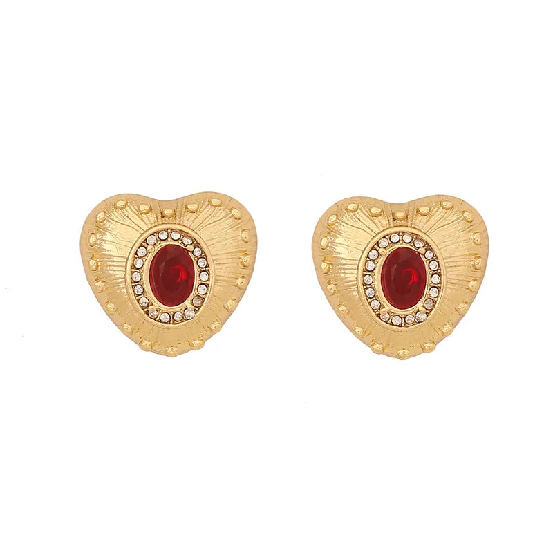 1 Pair Lady Commute Heart Shape Inlay 304 Stainless Steel Zircon 18K Gold Plated Ear Studs