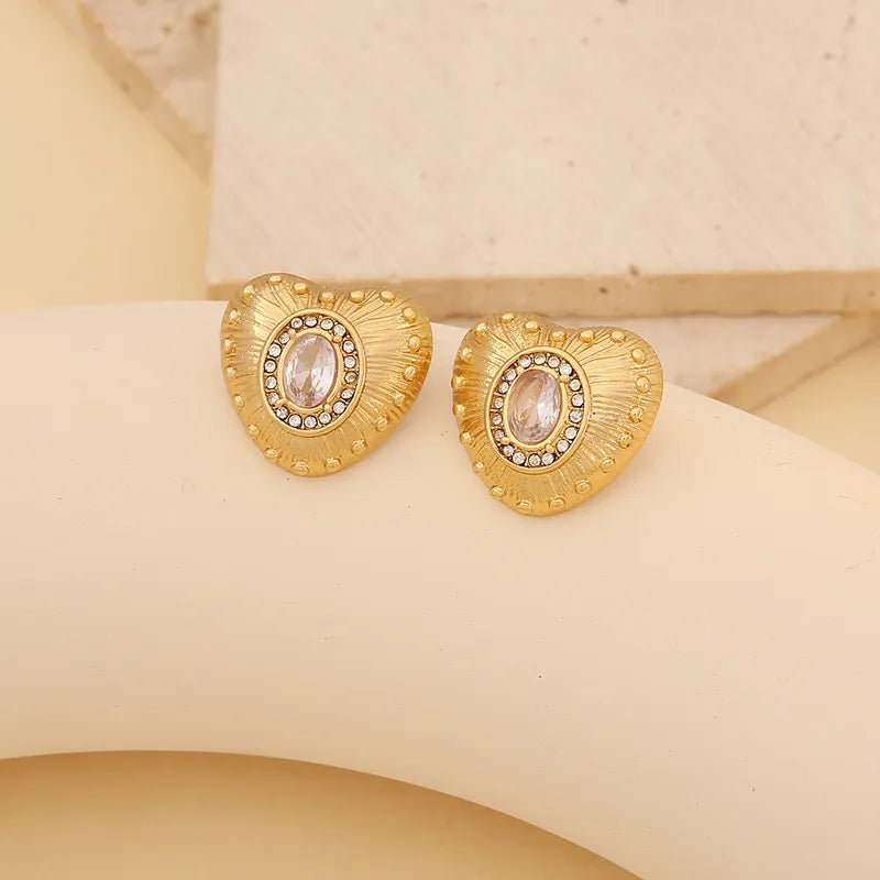 1 Pair Lady Commute Heart Shape Inlay 304 Stainless Steel Zircon 18K Gold Plated Ear Studs