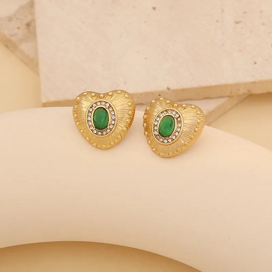 1 Pair Lady Commute Heart Shape Inlay 304 Stainless Steel Zircon 18K Gold Plated Ear Studs