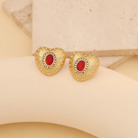 1 Pair Lady Commute Heart Shape Inlay 304 Stainless Steel Zircon 18K Gold Plated Ear Studs