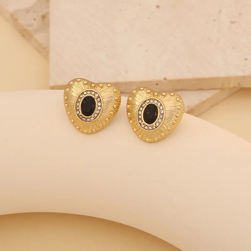 1 Pair Lady Commute Heart Shape Inlay 304 Stainless Steel Zircon 18K Gold Plated Ear Studs