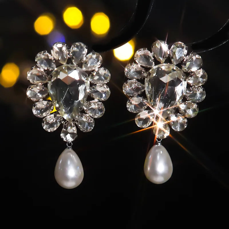 1 Pair Lady Wedding Shiny Flower Rhinestone Copper Drop Earrings