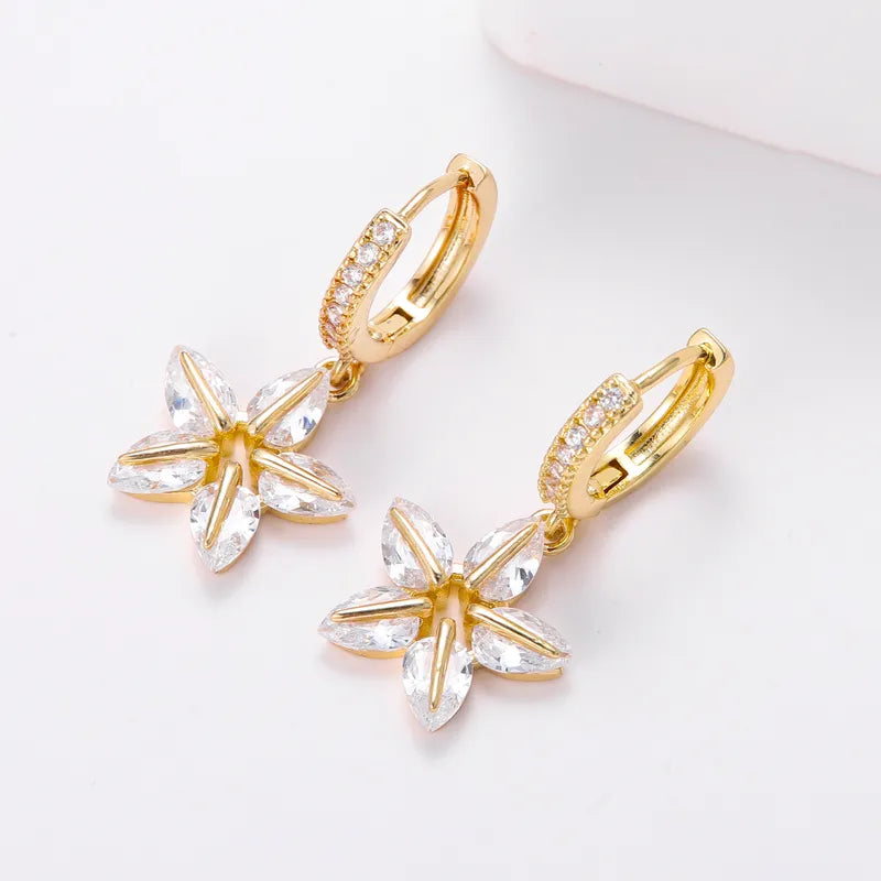 1 Pair Luxurious Wedding Shiny Petal Inlay Copper Zircon 18K Gold Plated Earrings