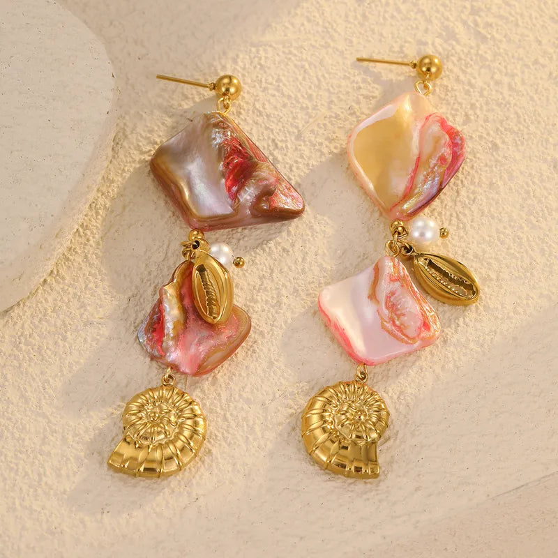 1 Pair Marine Style IG Style Conch Shell 304 Stainless Steel Shell 18K Gold Plated Drop Earrings