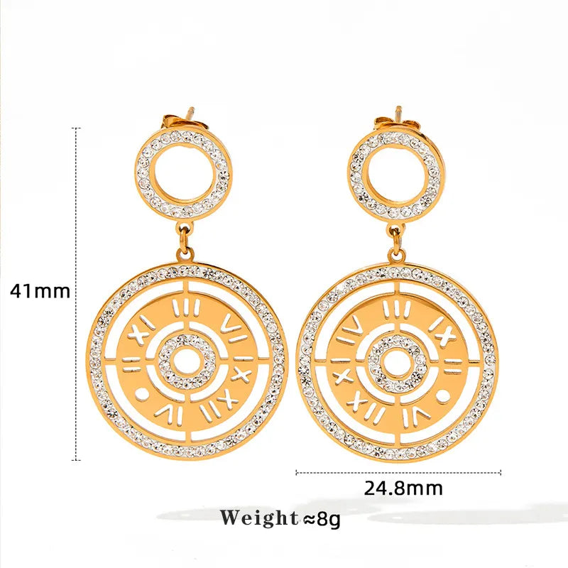 1 Pair Modern Style Artistic Round Roman Numeral Hollow Out Inlay 304 Stainless Steel Diamond 16K Gold Plated White Gold Plated Gold Plated Drop Earrings