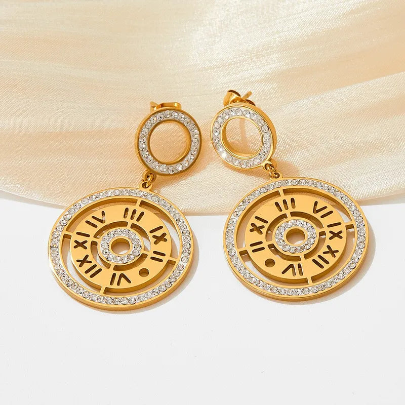 1 Pair Modern Style Artistic Round Roman Numeral Hollow Out Inlay 304 Stainless Steel Diamond 16K Gold Plated White Gold Plated Gold Plated Drop Earrings