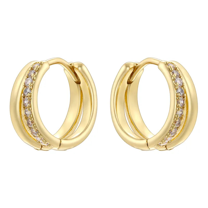 Style Shiny Double Ring Round Plating Inlay Copper Zircon 18K Gold Plated Earrings