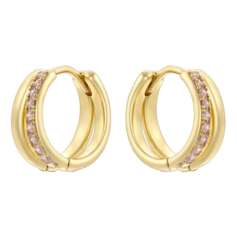 Style Shiny Double Ring Round Plating Inlay Copper Zircon 18K Gold Plated Earrings