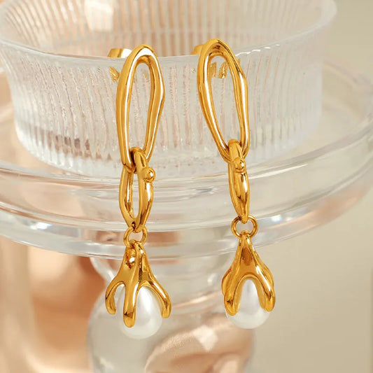 1 Pair Novelty IG Style Double Ring Polishing Inlay 304 Stainless Steel Artificial Pearls 18K Gold Plated Drop Earrings