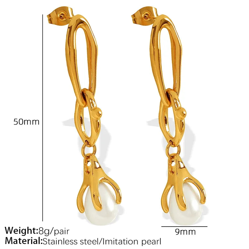 1 Pair Novelty IG Style Double Ring Polishing Inlay 304 Stainless Steel Artificial Pearls 18K Gold Plated Drop Earrings