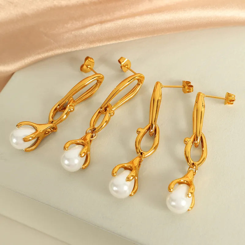 1 Pair Novelty IG Style Double Ring Polishing Inlay 304 Stainless Steel Artificial Pearls 18K Gold Plated Drop Earrings