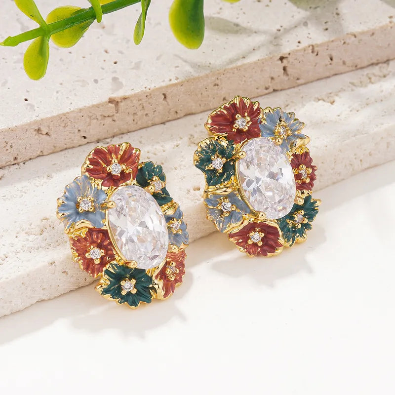 1 Pair Pastoral Shiny Oval Flower Enamel Inlay Copper Zircon 18K Gold Plated Ear Studs