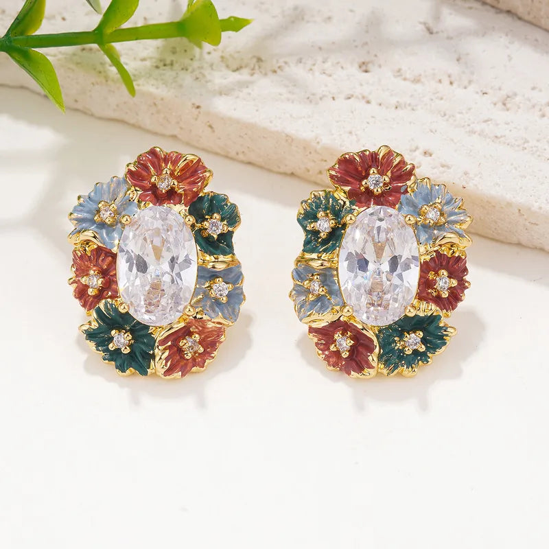 1 Pair Pastoral Shiny Oval Flower Enamel Inlay Copper Zircon 18K Gold Plated Ear Studs