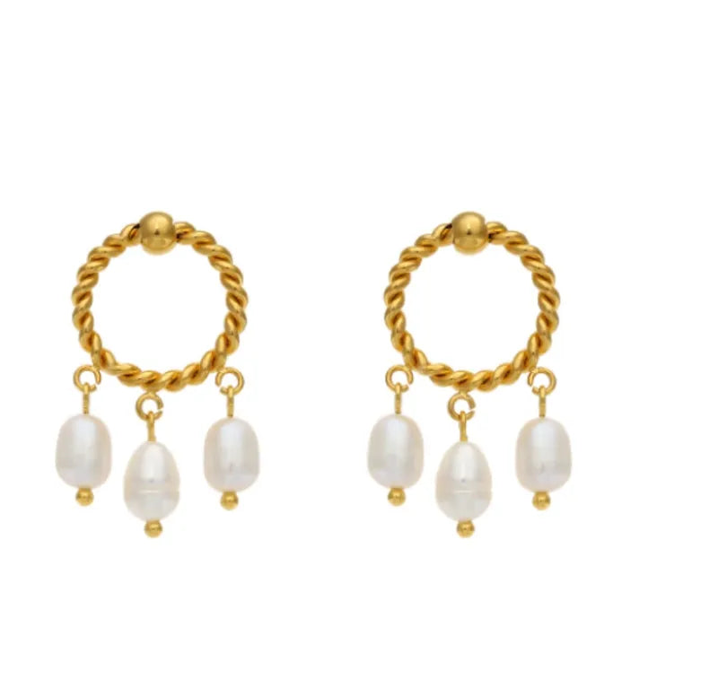 1 Pair Retro Bohemian Twist Inlay 304 Stainless Steel Pearl 18K Gold Plated Drop Earrings