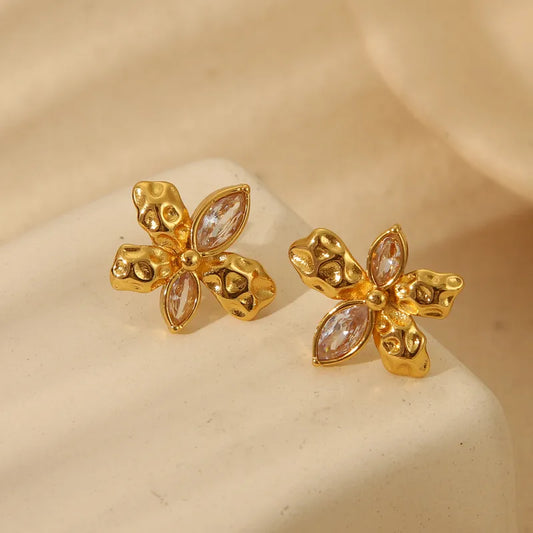 1 Pair Retro Commute Flower 304 Stainless Steel Zircon 18K Gold Plated Ear Studs