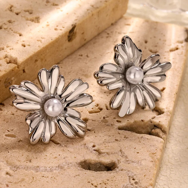 1 Pair Retro Flower Plating 304 Stainless Steel Ear Studs