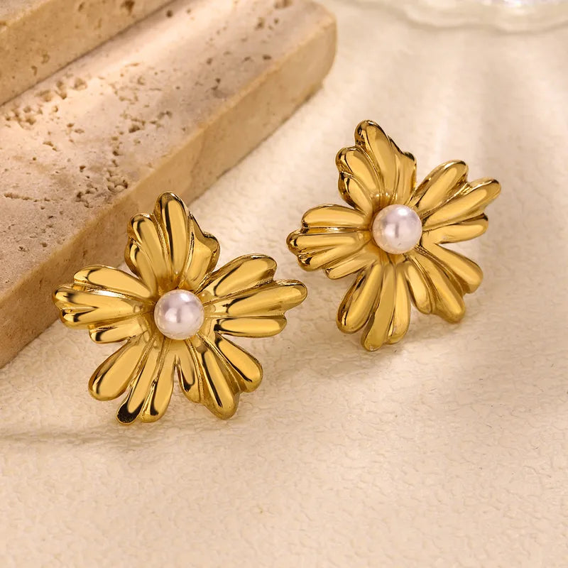 1 Pair Retro Flower Plating 304 Stainless Steel Ear Studs