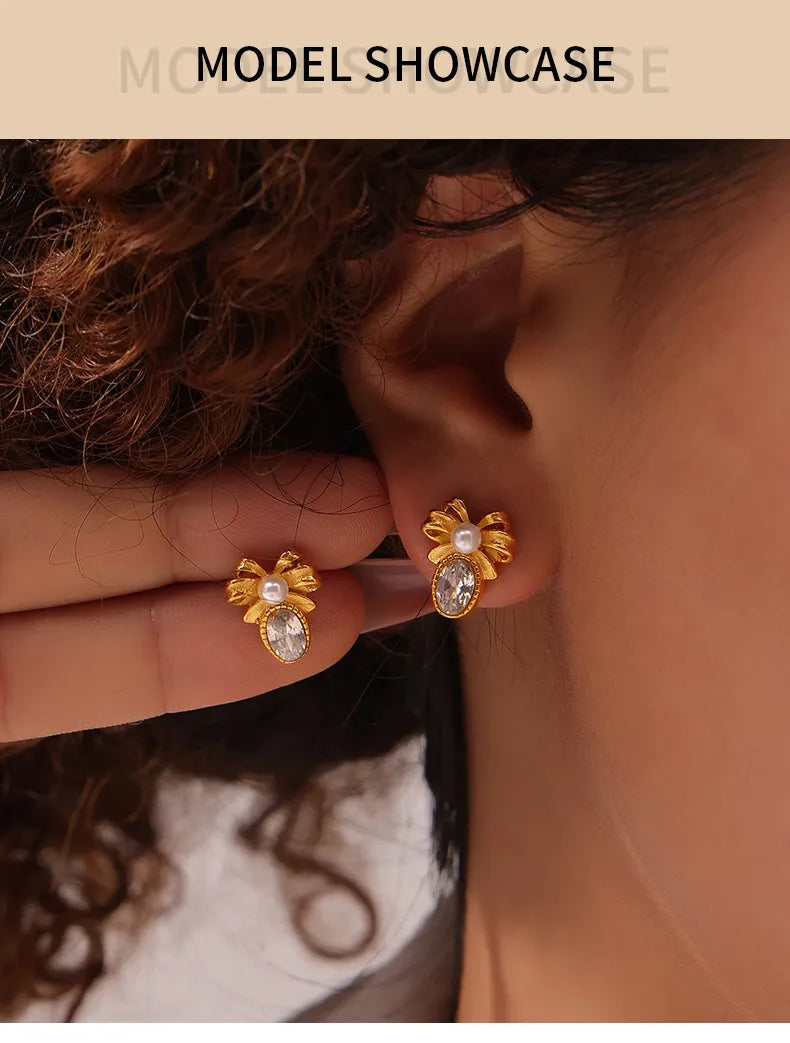 1 Pair Retro French Style Bow Knot Plating Inlay 304 Stainless Steel Artificial Pearls Zircon 18K Gold Plated Ear Studs