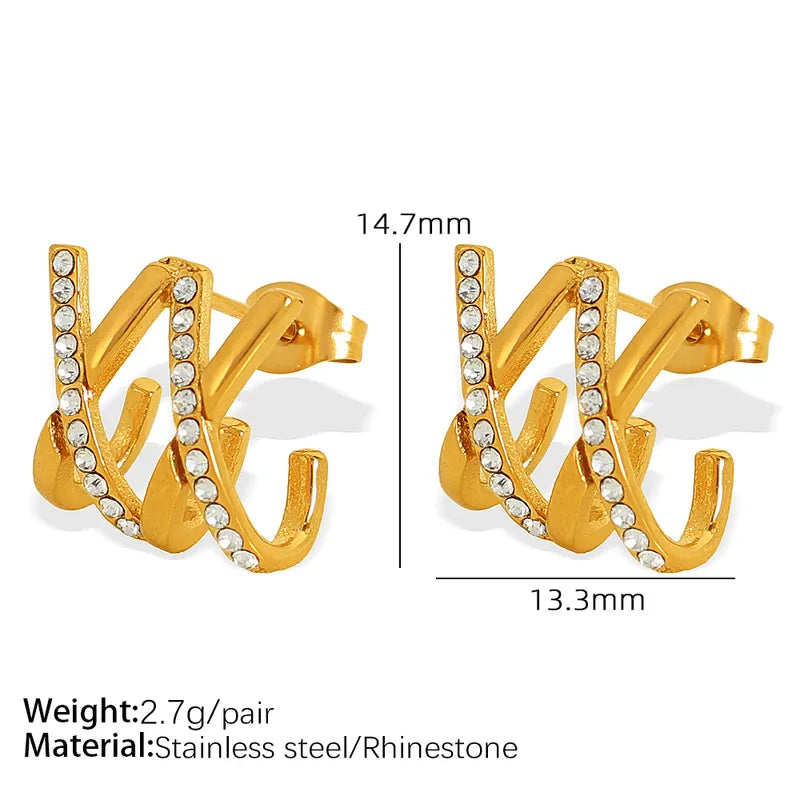 1 Pair Retro French Style Cross Curve Plating Inlay 304 Stainless Steel Rhinestones 18K Gold Plated Ear Studs