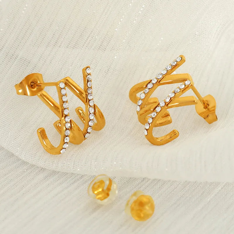 1 Pair Retro French Style Cross Curve Plating Inlay 304 Stainless Steel Rhinestones 18K Gold Plated Ear Studs