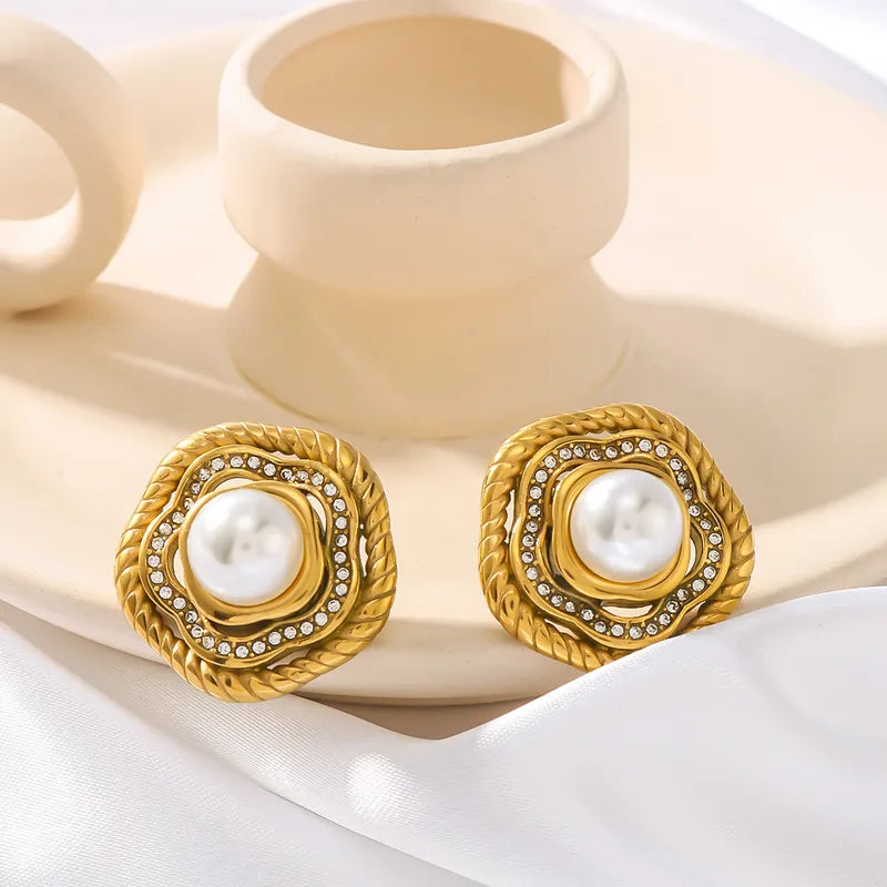 1 Pair Retro French Style Geometric Flower Inlay 304 Stainless Steel Artificial Pearls Zircon 18K Gold Plated Ear Studs