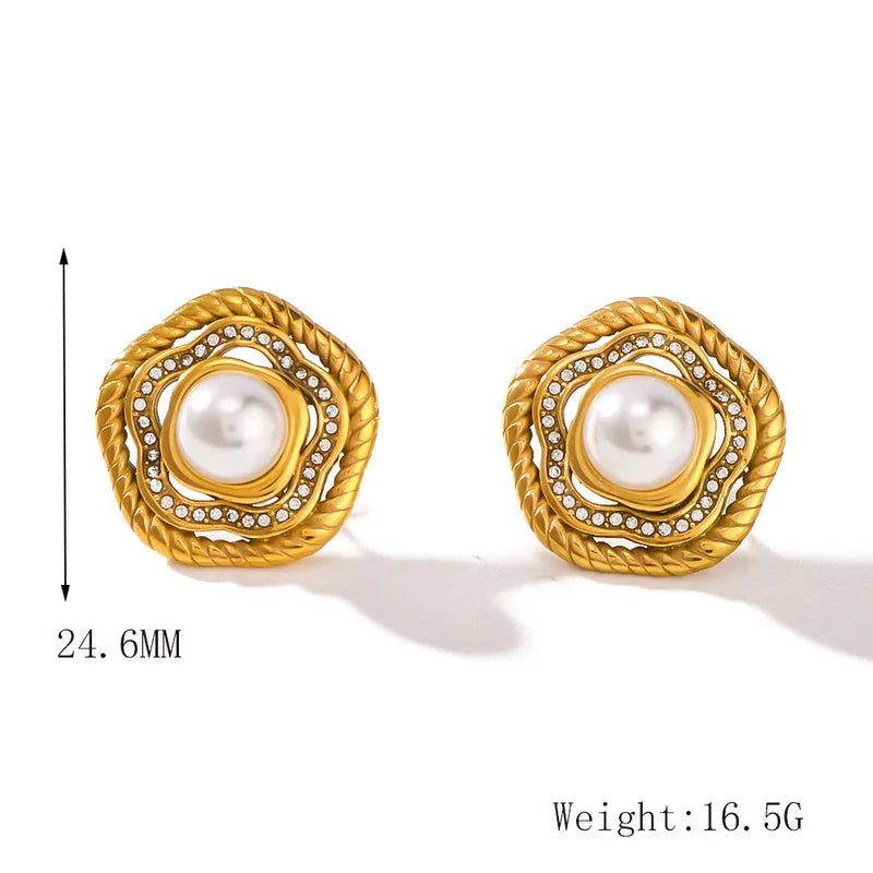 1 Pair Retro French Style Geometric Flower Inlay 304 Stainless Steel Artificial Pearls Zircon 18K Gold Plated Ear Studs