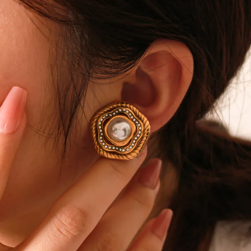 1 Pair Retro French Style Geometric Flower Inlay 304 Stainless Steel Artificial Pearls Zircon 18K Gold Plated Ear Studs