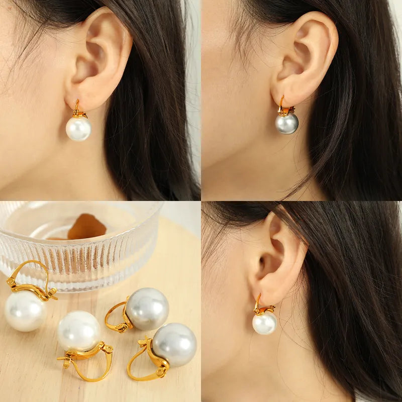 1 Pair Retro French Style Sweet Round Pearl Polishing Plating Inlay 304 Stainless Steel Glass Bead 18K Gold Plated Drop Earrings