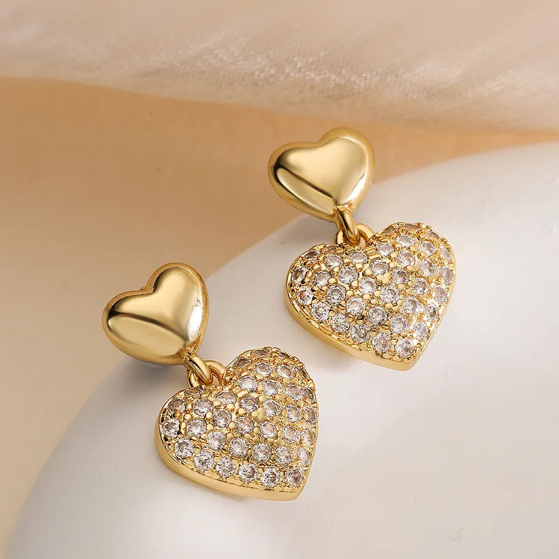 1 Pair Retro Heart Shape Inlay Copper Zircon Drop Earrings