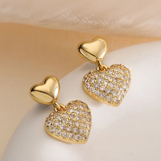 1 Pair Retro Heart Shape Inlay Copper Zircon Drop Earrings