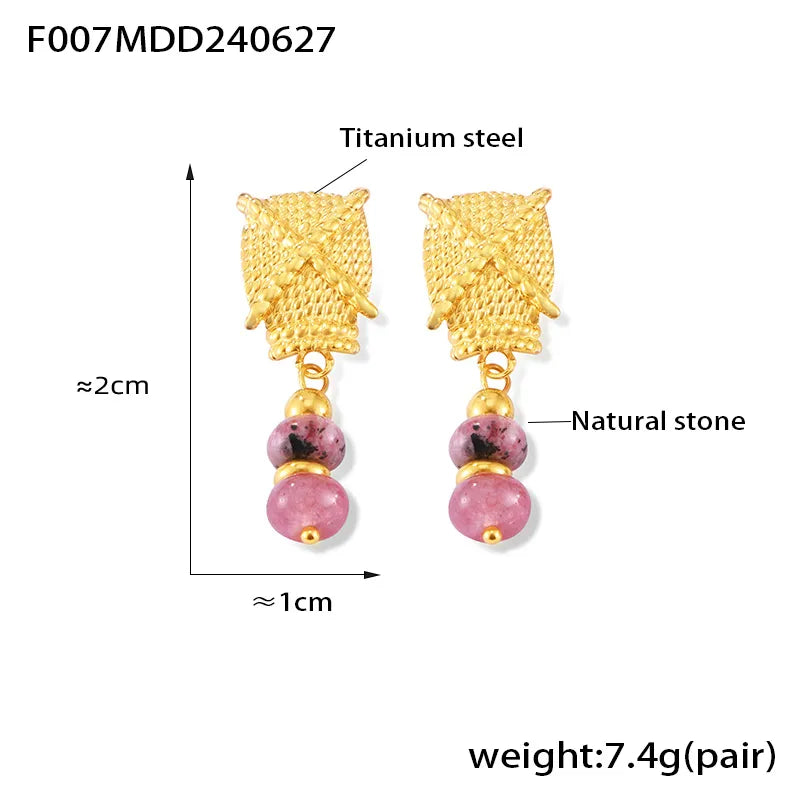 1 Pair Retro Lines Rectangle Beaded 304 Stainless Steel Natural Stone 18K Gold Plated Drop Earrings