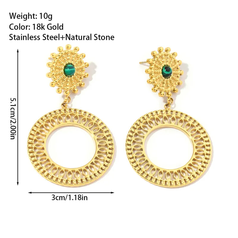 1 Pair Retro Round Inlay Titanium Steel Natural Stone 18K Gold Plated Drop Earrings