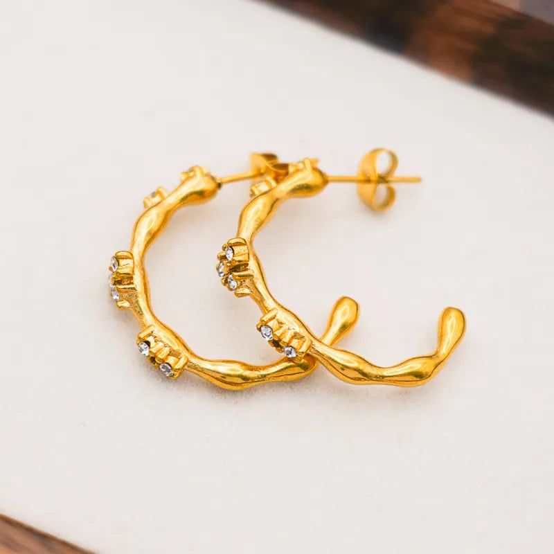 1 Pair Retro Simple Style C Shape Inlay 304 Stainless Steel Zircon 18K Gold Plated Ear Studs