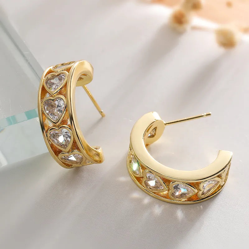 Style Commute C Shape Heart Shape Inlay Copper Zircon 18K Gold Plated Ear Studs