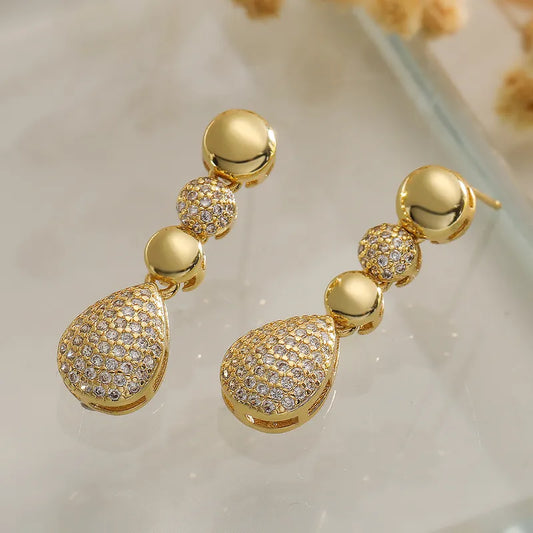 Style Commute Round Water Droplets Inlay Copper Zircon 18K Gold Plated Drop Earrings