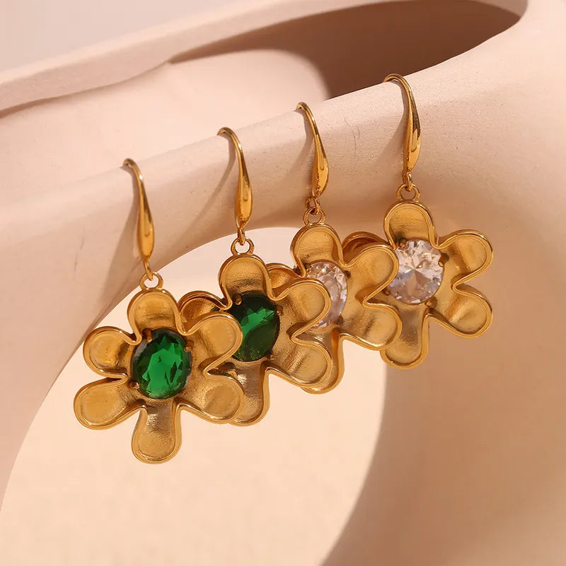 1 Pair Retro Simple Style Flower Inlay 304 Stainless Steel Rhinestones Drop Earrings