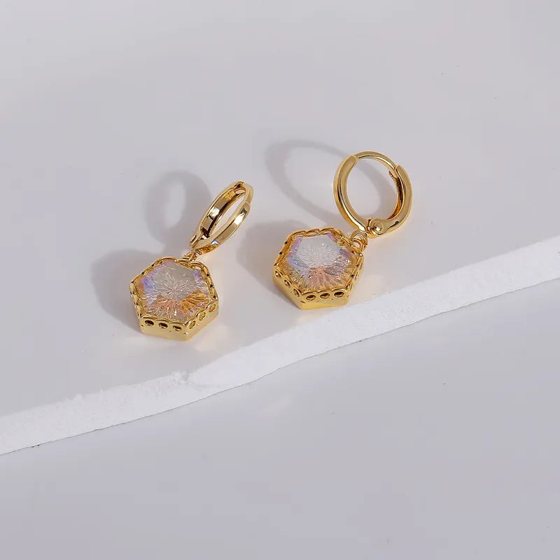 1 Pair Retro Sweet Geometric Inlay Copper Artificial Crystal 18K Gold Plated Drop Earrings