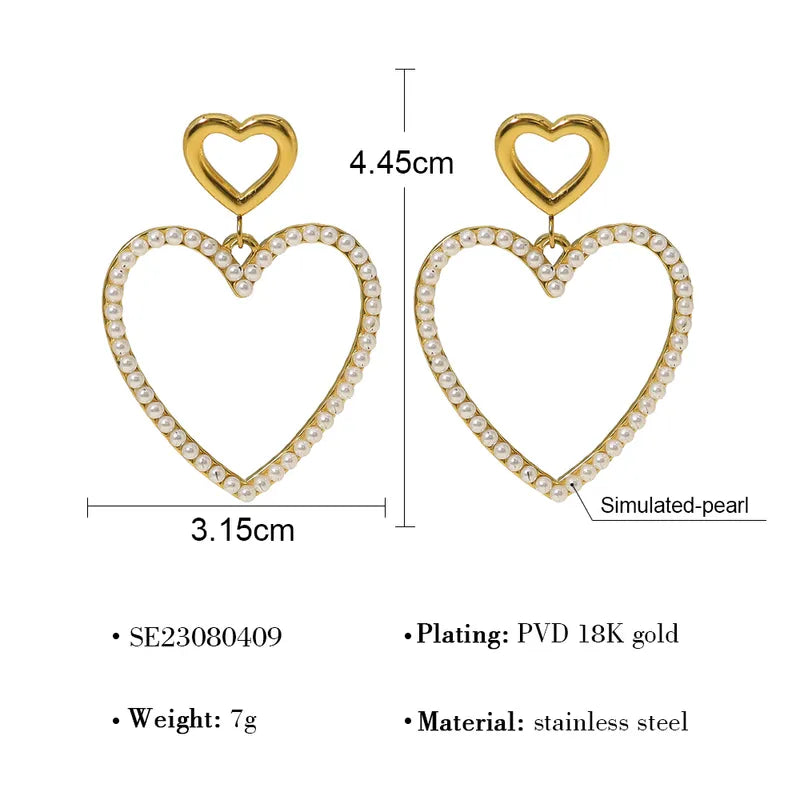 1 Pair Retro Vacation Heart Shape Plating Inlay 304 Stainless Steel Artificial Pearls 18K Gold Plated Drop Earrings