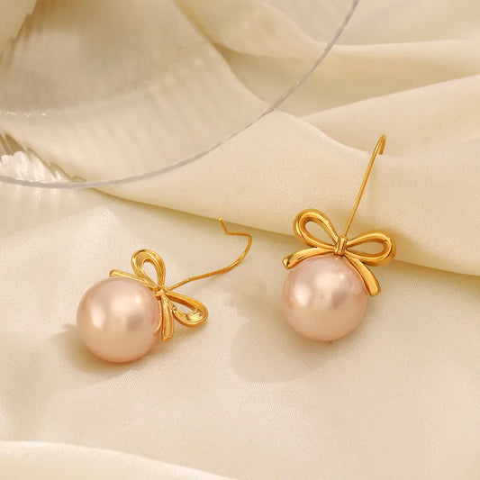 1 Pair Simple Style Bow Knot Plating Inlay 304 Stainless Steel Artificial Pearls 18K Gold Plated Drop Earrings