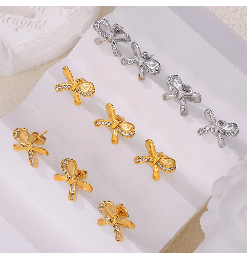 1 Pair Simple Style Bow Knot Plating Inlay 304 Stainless Steel Rhinestones 18K Gold Plated Ear Studs