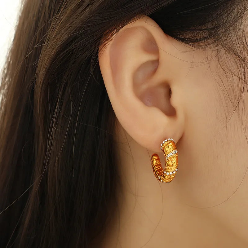 1 Pair Simple Style C Shape Irregular Plating Inlay 304 Stainless Steel Rhinestones 18K Gold Plated Ear Studs