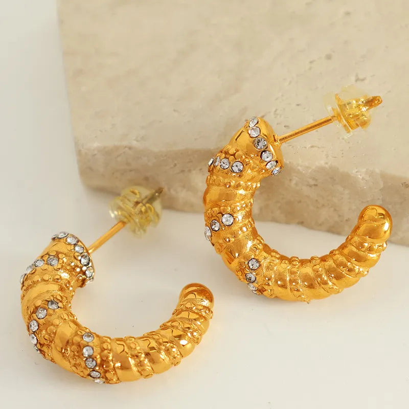 1 Pair Simple Style C Shape Irregular Plating Inlay 304 Stainless Steel Rhinestones 18K Gold Plated Ear Studs