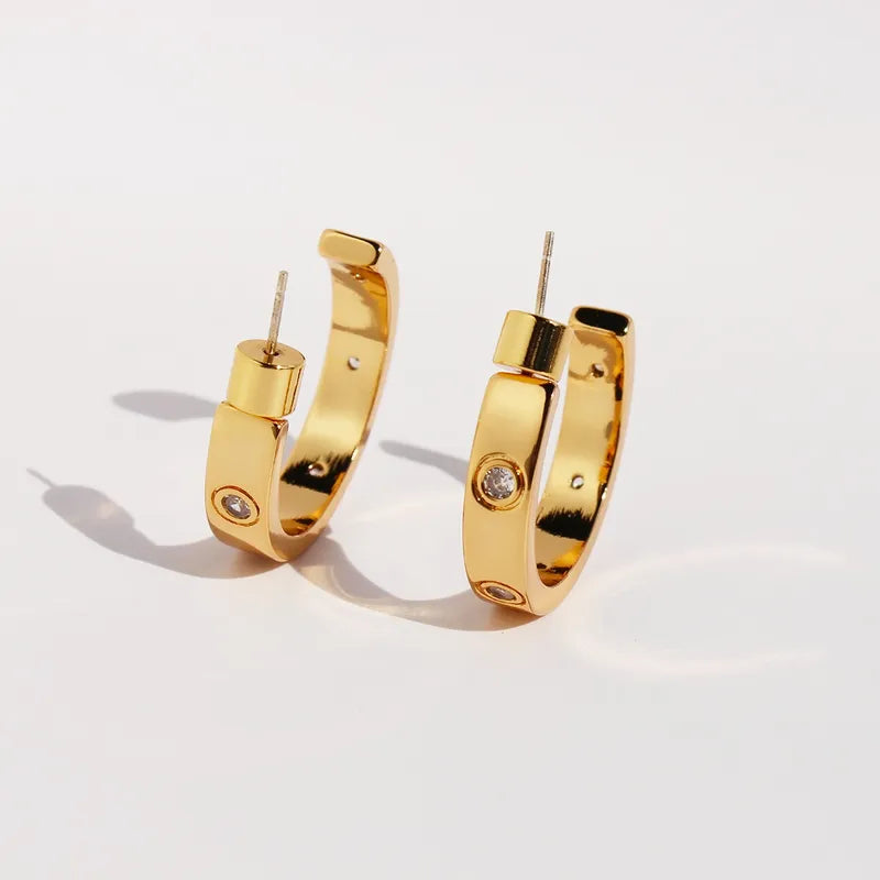 1 Pair Simple Style C Shape Plating Inlay Brass Zircon 18K Gold Plated Ear Studs