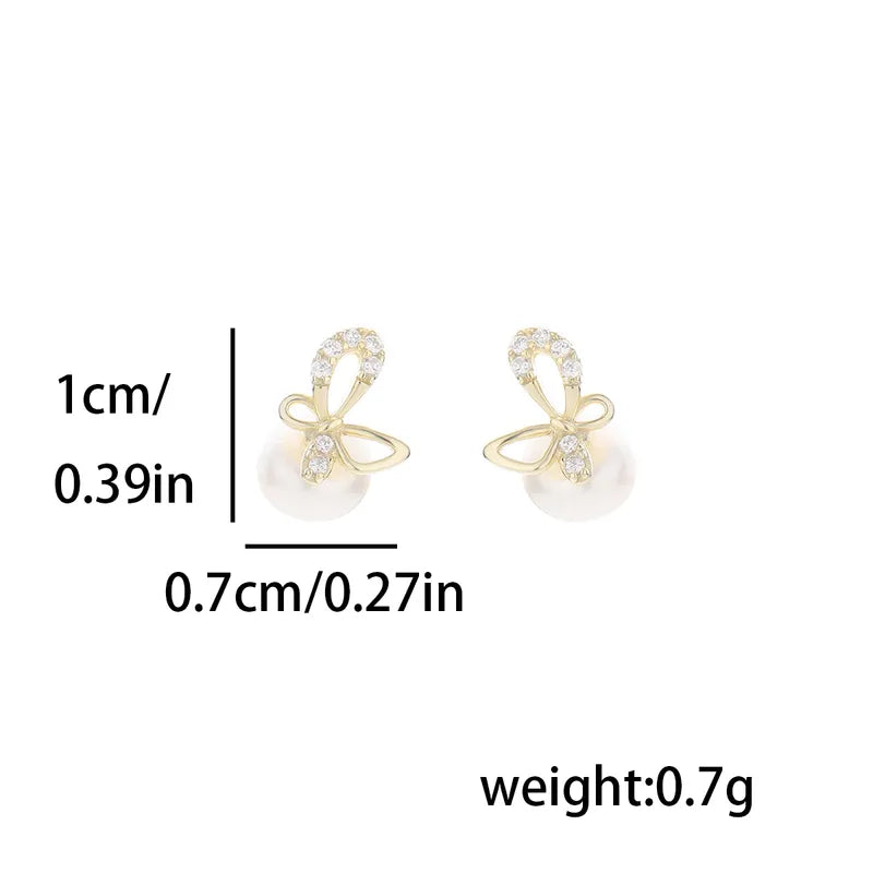 1 Pair Simple Style Classic Style Bow Knot Inlay Sterling Silver Pearl Zircon 14K Gold Plated Ear Studs