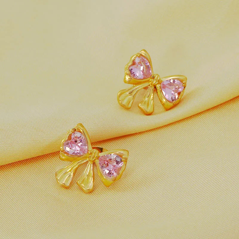 1 Pair Simple Style Classic Style Bow Knot Plating Inlay 304 Stainless Steel Crystal 18K Gold Plated Ear Studs