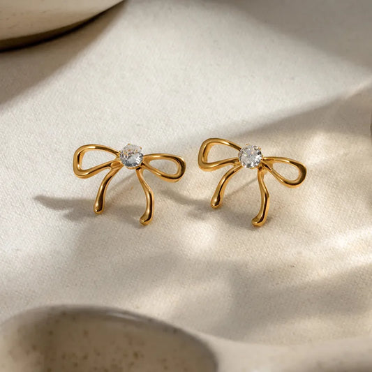 1 Pair Simple Style Classic Style Bow Knot Plating Inlay 304 Stainless Steel Zircon 18K Gold Plated Ear Studs